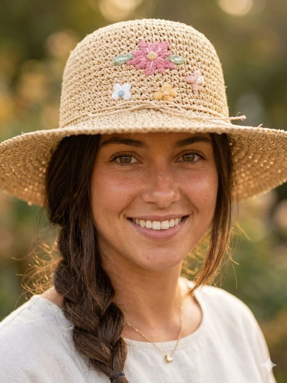 Cappelli Straworld Inc. Woven Straw Sun Hat with Pink Floral Embroidery
